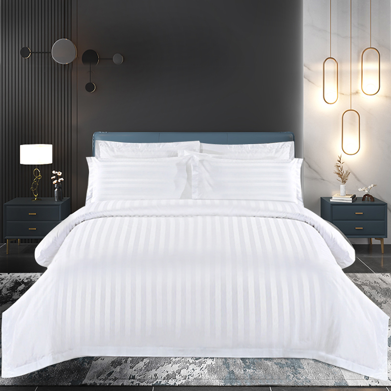 White Striped Bedding For Hotels, Hostels, Four-Piece Sets, Household Hotels, Polyester-Cotton, Three-Quarter Stripes, Satin Stripes, Soft And Simple