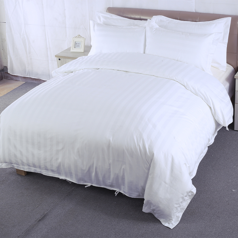 White Striped Bedding For Hotels, Hostels, Four-Piece Sets, Household Hotels, Polyester-Cotton, Three-Quarter Stripes, Satin Stripes, Soft And Simple